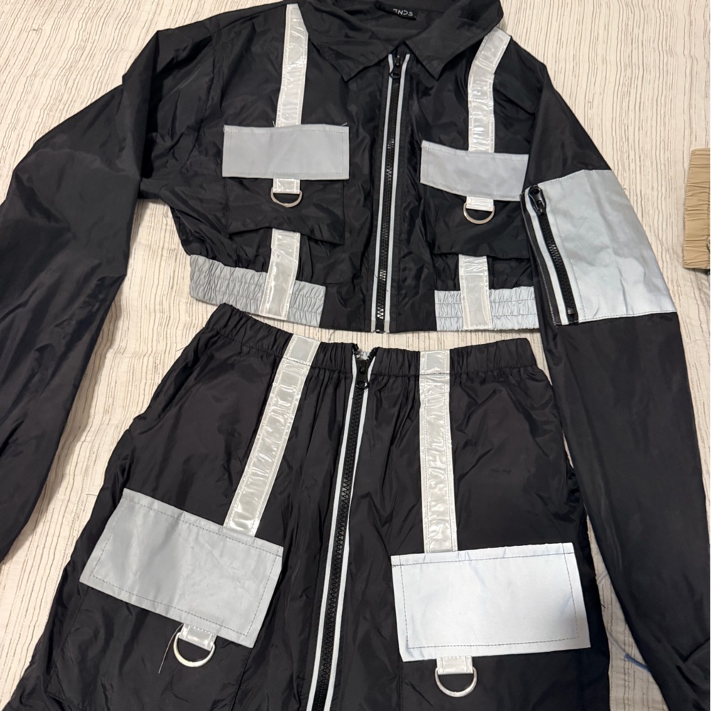 Black Windbreaker Jacket with Reflective Gray Panels and skirt